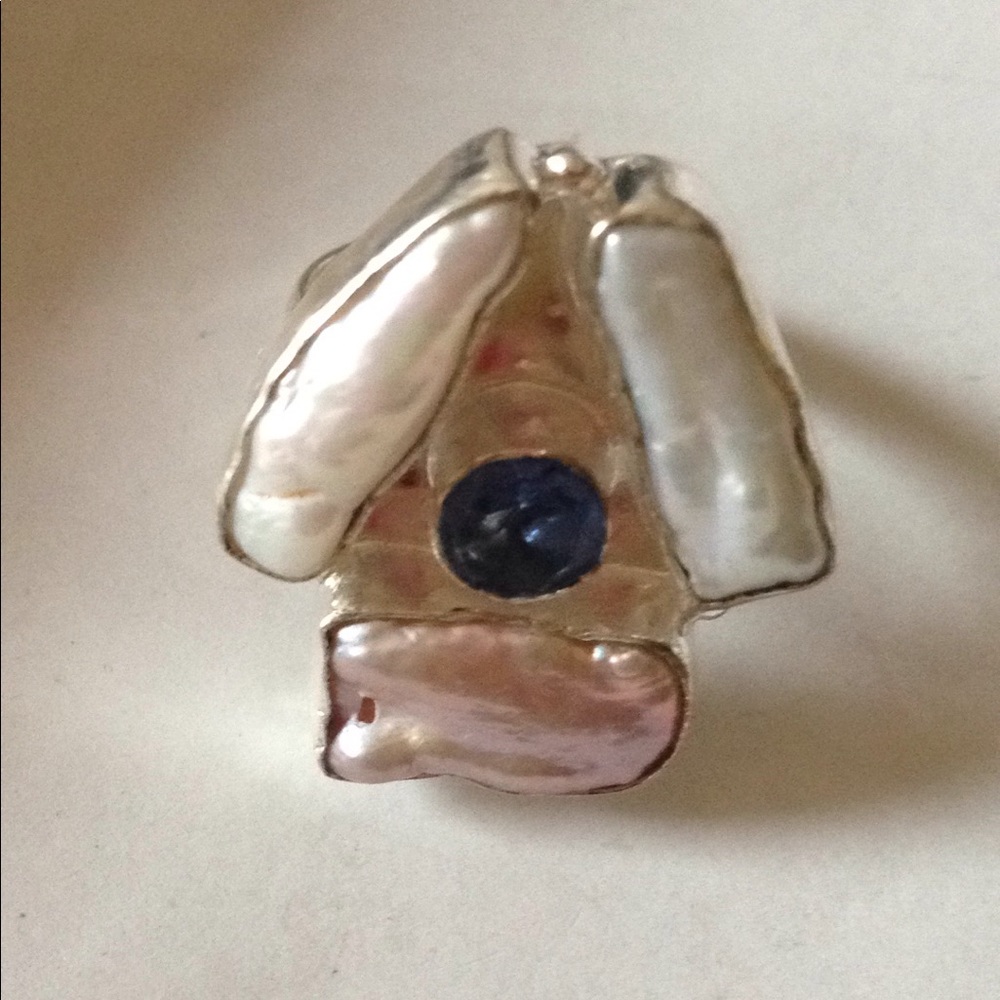 925 Biwa pearl  blue topaz ring